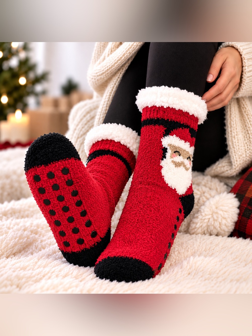 Christmas Santa Lounge Womens Gripper Socks Cozy Fuzzy Winter Festive Whimsical